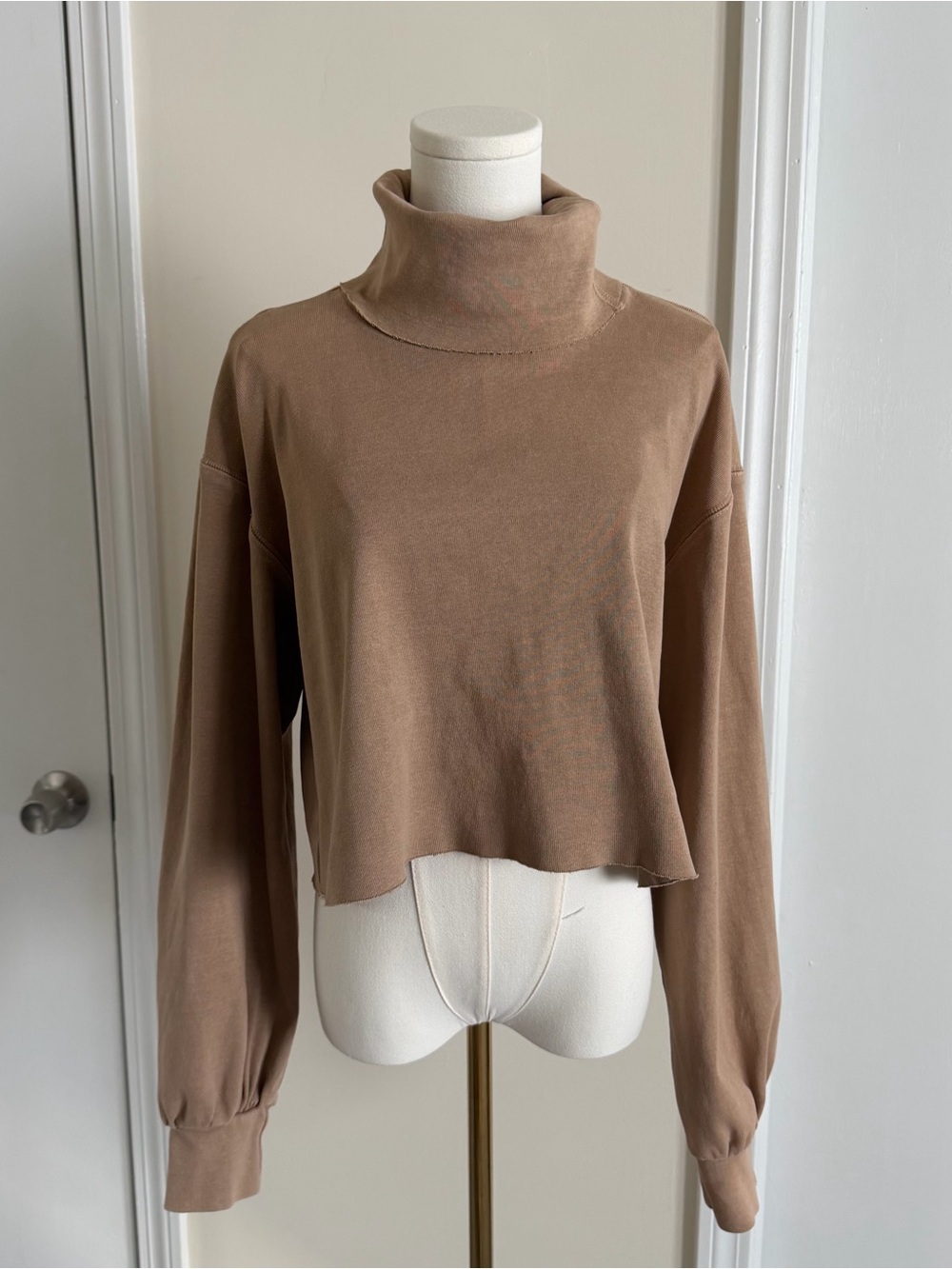 Free People Beach Oversized Cropped Long Sleeve Turtle Neck Sweater Beige Brown